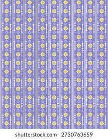 This image shows a seamless geometric floral pattern featuring yellow flower motifs arranged in vertical stripes over a purple background. The design is decorative, symmetric, and suitable for fabric, wallpaper, textile prints, packaging, and digital backgrounds.
