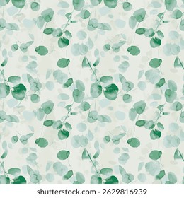 This image shows a seamless pattern of watercolor eucalyptus leaves and branches on a light background. The leaves are depicted in various shades of green, giving a fresh and natural feel. 