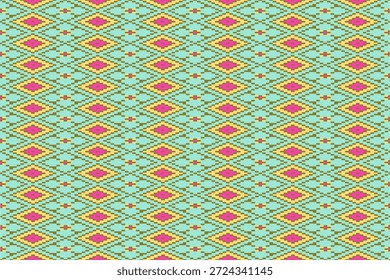 Esta Imagen muestra un patrón sin fisuras utilizando Formas geométricas, específicamente diamantes, dispuestos en un patrón repetitivo, que recuerda al arte a destajo o a una técnica de tejido tradicional, dándole una sensación artesanal. Este patrón refleja la sabiduría de las técnicas tradicionales de tejido como la seda ikat o el brocado, que son exclusivas de Tailandia, Laos e Indonesia. La presentación de estos antiguos patrones en formato digital los hace parecer contemporáneos y accesibles. La elección de la turquesa crea una sensación tranquila y moderna, en contraste con los patrones de oro y fucsia. Esta combinación de colores evoca una atmósfera vibrante, reflejando la preferencia de la cultura asiática por los colores brillantes en ocasiones auspiciosas. Gracias a sus propiedades sin costuras, esta Imagen es ideal para su uso como fondo de Sitio web, Fondo de pantalla, diseño textil, ropa y embalaje. Para aquellos que buscan un ambiente oriental.