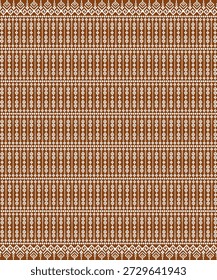 This image shows a seamless traditional Thai textile pattern featuring white geometric motifs arranged in vertical rows over a brown background. The design includes diamond shapes, swirling line accents, and repetitive ornamental borders, creating a cultural and elegant woven aesthetic. The pattern is symmetrical, detailed, and visually balanced, suitable for textile printing, fabric design, cultural art projects, and decorative backgrounds.