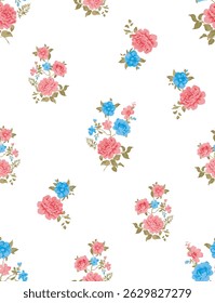 This image shows a seamless vintage floral pattern with pink and green roses on a white background. Seamless patterns are designed to repeat without visible seams, making them ideal for backgrounds.