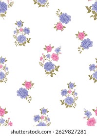 This image shows a seamless vintage floral pattern with pink and green roses on a white background. Seamless patterns are designed to repeat without visible seams, making them ideal for backgrounds.