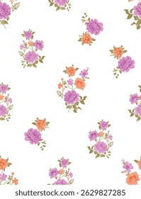 This image shows a seamless vintage floral pattern with pink and green roses on a white background. Seamless patterns are designed to repeat without visible seams, making them ideal for backgrounds.