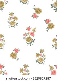 This image shows a seamless vintage floral pattern with pink and green roses on a white background. Seamless patterns are designed to repeat without visible seams, making them ideal for backgrounds.