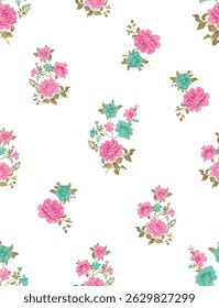 This image shows a seamless vintage floral pattern with pink and green roses on a white background. Seamless patterns are designed to repeat without visible seams, making them ideal for backgrounds.