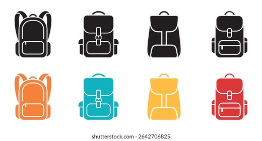 This image shows a set of eight backpack icons in different colors. The styles vary, showcasing various backpack designs in black, orange, blue, yellow, and red on white background.