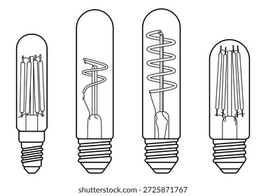 This image shows a set of four slim, elongated vintage-style light bulbs illustrated in a clean black outline on a white background. Each bulb has a tall cylindrical glass shape with a classic screw base and a unique internal filament configuration, emphasizing both functional structure and decorative detail.

The filaments vary in design: straight parallel rods, loose spiral coils, and tightly wound helix forms, highlighting the diversity of classic incandescent and Edison-inspired lighting elements. The illustration is precise and minimal, with consistent line thickness and no shading, giving it a technical yet elegant appearance.

The narrow bulb silhouettes are commonly associated with retro industrial lighting, decorative lamps, and modern interior design trends inspired by vintage aesthetics. The monochrome line-art style makes the set highly adaptable for graphic design projects such as icons, logos, packaging, infographics, posters, editorial layouts, educational materials, and UI elements.

Because the bulbs are isolated on a white background, they are easy to integrate into various compositions, recolor, resize, or convert into vector graphics. The image conveys themes of creativity, ideas, innovation, electricity, energy, and classic technology, making it suitable for both commercial and editorial stock use.

Overall, this illustration set combines clarity, versatility, and timeless design, offering a refined visual resource for designers seeking minimalist yet expressive lighting imagery.