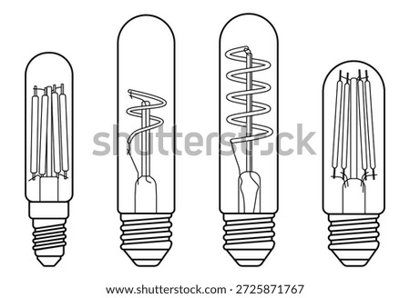 This image shows a set of four slim, elongated vintage-style light bulbs illustrated in a clean black outline on a white background. Each bulb has a tall cylindrical glass shape with a classic screw base and a unique internal filament configuration, emphasizing both functional structure and decorative detail.

The filaments vary in design: straight parallel rods, loose spiral coils, and tightly wound helix forms, highlighting the diversity of classic incandescent and Edison-inspired lighting elements. The illustration is precise and minimal, with consistent line thickness and no shading, giving it a technical yet elegant appearance.

The narrow bulb silhouettes are commonly associated with retro industrial lighting, decorative lamps, and modern interior design trends inspired by vintage aesthetics. The monochrome line-art style makes the set highly adaptable for graphic design projects such as icons, logos, packaging, infographics, posters, editorial layouts, educational materials, and UI elements.

Because the bulbs are isolated on a white background, they are easy to integrate into various compositions, recolor, resize, or convert into vector graphics. The image conveys themes of creativity, ideas, innovation, electricity, energy, and classic technology, making it suitable for both commercial and editorial stock use.

Overall, this illustration set combines clarity, versatility, and timeless design, offering a refined visual resource for designers seeking minimalist yet expressive lighting imagery.