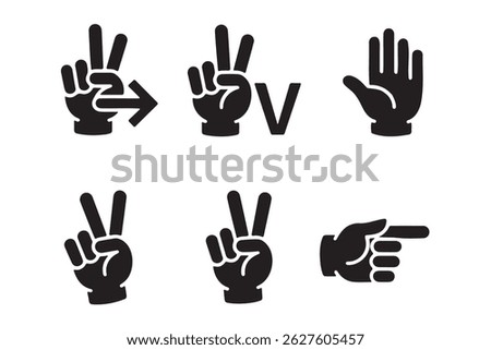 This image shows a set of hand gestures representing numbers two and three and a pointing hand, displayed against a plain white background.