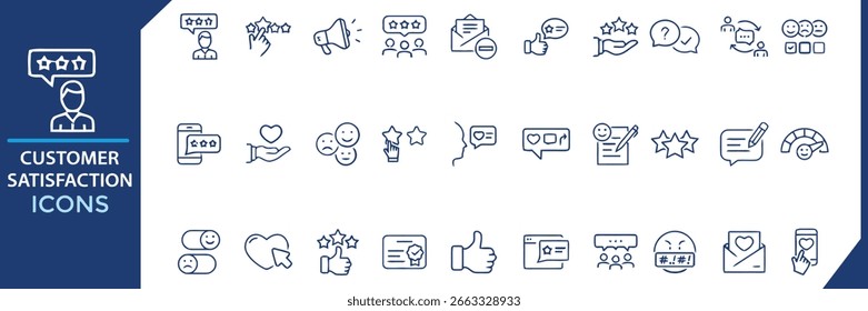 This image shows a set of line icons related to customer satisfaction, including ratings, feedback, and communication channels in a simple, clean style.