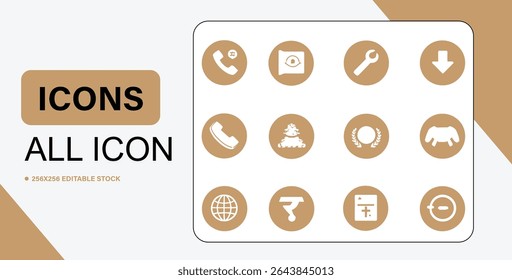 Esta imagem mostra um conjunto de ícones brancos simples dentro de círculos marrons, em um plano de fundo branco limpo.