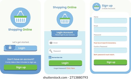 Dieses Bild zeigt eine Reihe von drei mobilen App-UI-Bildschirmen, die für eine Online-Shopping-Anwendung entwickelt wurden und in einem sauberen, modernen und benutzerfreundlichen Stil präsentiert werden. Onboarding, Login und Registrierungsdesign.