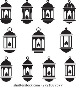 Esta imagem mostra um conjunto de doze ícones de lanterna preta exibidos em um plano de fundo branco limpo. Cada lanterna tem uma forma e design únicos, apresentando elementos tradicionais islâmicos e inspirados no Ramadã, como janelas arqueadas, topos abobadados, anéis suspensos e silhuetas de chamas internas. O estilo é plano, mínimo e baseado em vetor, usando somente cor preta sólida, sem gradientes ou sombras. Estas lanternas são adequadas para ícones, símbolos, decorações e desenhos festivos, especialmente relacionados ao Ramadã, Eid e temas islâmicos.