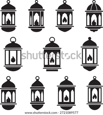 This image shows a set of twelve black lantern icons displayed on a clean white background. Each lantern has a unique shape and design, featuring traditional Islamic and Ramadan-inspired elements such as arched windows, domed tops, hanging rings, and inner flame silhouettes. The style is flat, minimal, and vector-based, using solid black color only, with no gradients or shadows. These lanterns are suitable for icons, symbols, decorations, and festive designs, especially related to Ramadan, Eid, and Islamic themes.