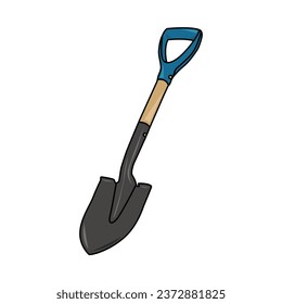 This image shows a shovel with a blue handle on a white background.