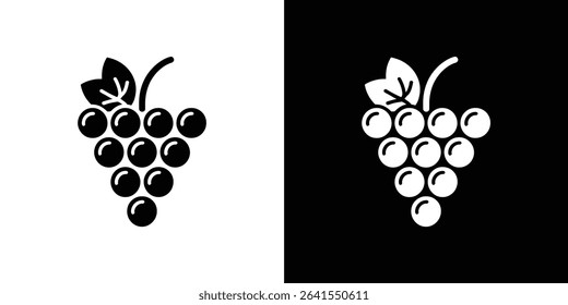 This image shows the silhouette of a bunch of grapes with leaves on a split black and white background, simple, elegant design depicting fresh fruit.