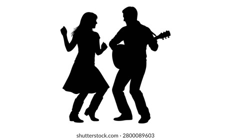 This image shows a silhouette of a couple dancing; a man plays guitar while a woman dances set against a