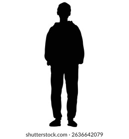 This image shows a silhouette of an individual in a hoodie and pants, standing with a neutral pose. The person is faceless and appears isolated. The monochrome effect enhances the simplicity.