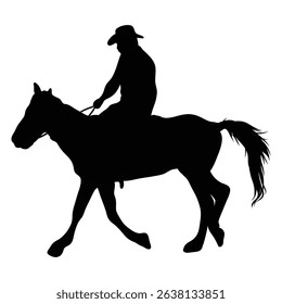 This image shows the silhouette of a person wearing a hat while they are riding on the back of a horse. The horse appears to be at a trot on a plain white background.
