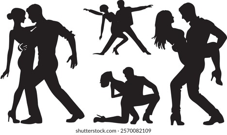 This image shows silhouettes of couples engaged in passionate and dynamic dance poses. Each pair demonstrates expressive movements, balance, and intimacy, reflecting the artistry of partner dancing.