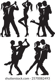 This image shows silhouettes of couples engaged in passionate and dynamic dance poses. Each pair demonstrates expressive movements, balance, and intimacy, reflecting the artistry of partner dancing.