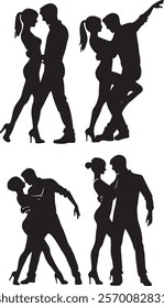 This image shows silhouettes of couples engaged in passionate and dynamic dance poses. Each pair demonstrates expressive movements, balance, and intimacy, reflecting the artistry of partner dancing.