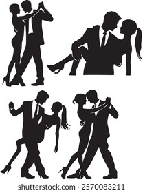 This image shows silhouettes of couples engaged in passionate and dynamic dance poses. Each pair demonstrates expressive movements, balance, and intimacy, reflecting the artistry of partner dancing.