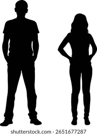 Esta imagem mostra silhuetas de um homem e uma mulher. O homem tem as mãos nos bolsos, e a mulher tem as mãos nos quadris. Eles são isolados no branco.
