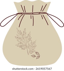 This image shows a simple beige spice bag decorated with a coriander plant and seeds and tied with brown twine.