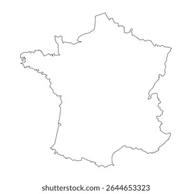 This image shows a simple black outline of the country France, highlighting its geographical shape and borders on a plain white background. The minimalist design focuses on the country's contour