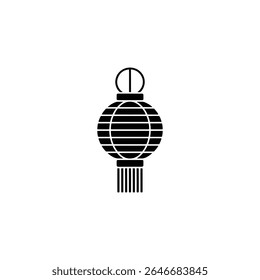 This image shows a simple black and white graphic of a Chinese or Japanese paper lantern featuring a round body, horizontal lines, and tassel details.