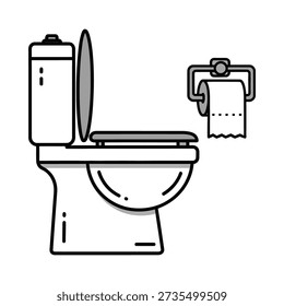 This image shows a simple black line drawing of a toilet with the lid up and a toilet paper roll mounted on the wall to the right
