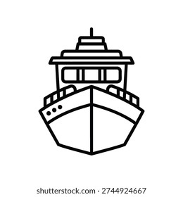 This image shows a simple black line drawing of a boat's front view with a pointed bow and a small cabin on top. Featuring ship