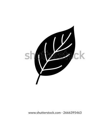 This image shows a simple black and white graphic of a leaf. The leaf has prominent veins and a stem, all against a plain white background.