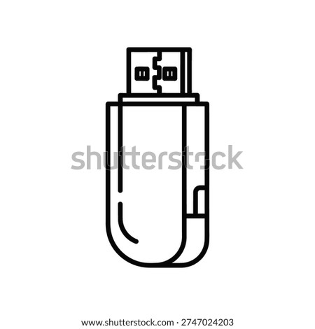This image shows a simple, black-and-white line drawing of a USB flash drive, often referred to as a thumb drive or pen drive. The design includes a rectangular connector at the top, resembling a standard USB Type-A port, and a rounded bottom with a small clip for attachment to keychains or pockets. The drawing is highly stylized, focusing on essential elements without any additional details or color.