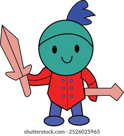 This image shows a simple cartoon-like character holding a sword in each hand. The character has a rounded teal head with a smiling face, a red coat or armor with blue buttons, blue pants 