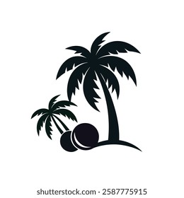 This image shows a simple, dark silhouette of two palm trees with coconuts, creating a tropical, relaxed vibe against a white background