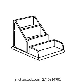 This image shows a simple desk organizer featuring three tiered compartments for holding small items like pens, pencils, or paper clips, along with an additional drawer at the bottom for extra storage. The design is minimalistic and functional, suitable for office or home use to keep stationery organized.