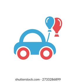 Esta Imagen muestra un gráfico simple de un coche de juguete azul con dos globos, uno rojo y uno azul, unidos a la parte posterior. El coche tiene ruedas rojas y un fondo blanco. Con el coche azul