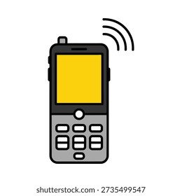 This image shows a simple graphic of a mobile phone with a yellow screen and signal waves. Featuring cell phone, communication