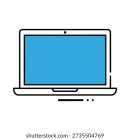 This image shows a simple graphic of a laptop with a blue screen and black outline on a white background. Featuring computer