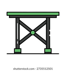 This image shows a simple graphic of a green and black metal table with X-shaped legs on a white background. Featuring green table