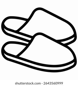 Esta imagem mostra uma ilustração em forma de linha simples de um par de chinelos, normalmente usados para conforto interior. Chinelos são calçados leves e macios, projetados para serem usados dentro de casa. Eles fornecem