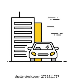 This image shows a simple line drawing of a white car parked in front of a tall, modern skyscraper with a yellow accent wall