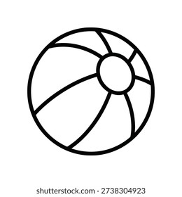 This image shows a simple line drawing of a beach ball in black and white. The ball features a circular design with evenly spaced curved lines dividing it into sections, and a small circular hole at the top, giving it a classic beach ball appearance. The overall style is minimalist and monochromatic.