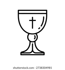 This image shows a simple line drawing of a chalice, a sacred drinking vessel commonly used in Christian religious ceremonies. The chalice features a cross symbol inside the bowl, which is often associated with Holy Communion or the Eucharist in Christian traditions. The design is minimalistic and stylized, emphasizing the symbolic nature of the object.