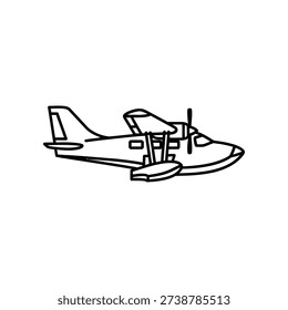 This image shows a simple line drawing of a seaplane, which is an aircraft designed to take off from and land on water. The sketch highlights two engines mounted on the wings, a high-wing configuration, and a boat-like hull at the bottom for water landings. The design appears to be a stylized representation of a vintage or retro seaplane, emphasizing its unique ability to operate on both land and water.