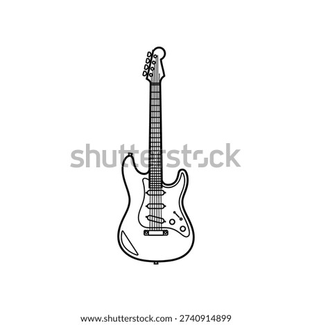 This image shows a simple line drawing of an electric guitar, featuring a single cutaway body, six strings, tuning pegs, a bridge with fine-tuners, and a tremolo arm. The guitar has a typical design reminiscent of many iconic models, including a headstock with tuning keys, a fretboard, and pickups. The outline is clean and stylized, focusing on the essential structural elements of the instrument.