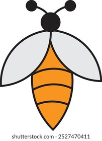 Esta imagem mostra uma ilustração simples e estilizada de uma abelha. A abelha tem um corpo amarelo-laranja segmentado com linhas pretas, asas brancas e uma cabeça preta com antenas terminando em pontas redondas. É um limpo,