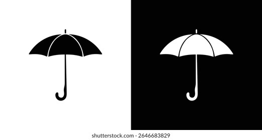 Esta imagem mostra um ícone de guarda-chuva simples exibido em preto sobre branco e branco sobre fundos pretos, tornando-o versátil para aplicações de design.